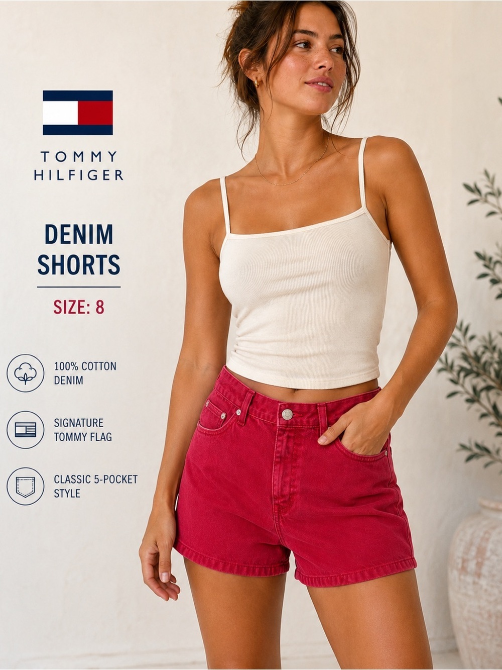 Tommy Hilfiger Red Denim Shorts Women’s Size 8 Mid Rise Signature Classic